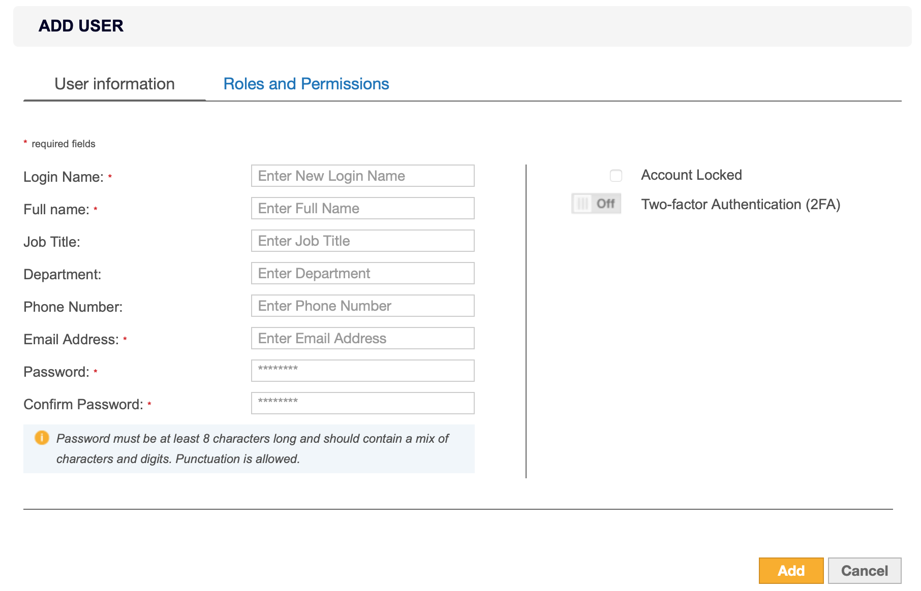 Configure the login name, full name, email address, password and other user information when adding a new user.