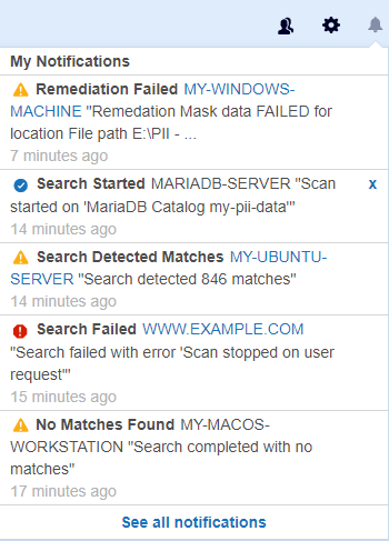 Expanded notifications icon displaying "Remediation Failed", "Search Detected Matches" and "Search Failed" alerts.