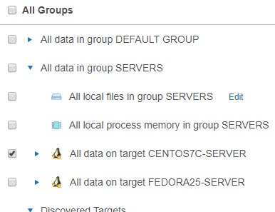 List of Targets in Select Locations page with "All data on target CENTOS7C-SERVER" selected.