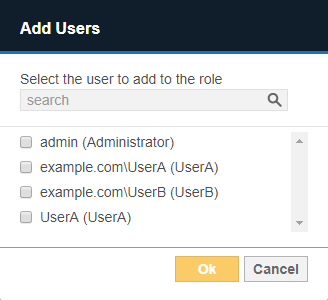 Add Users dialog box displaying a list of users to be assigned to a role.