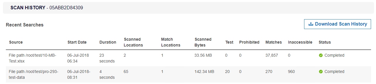 Scan History page displaying recent searches and status of scanned locations for a Target.