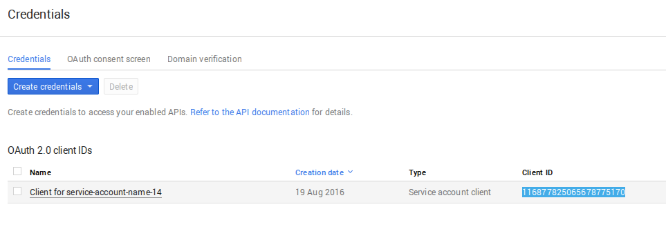 Credentials page in Google Developers Console displaying the OAuth 2.0 client ID for created service accounts.