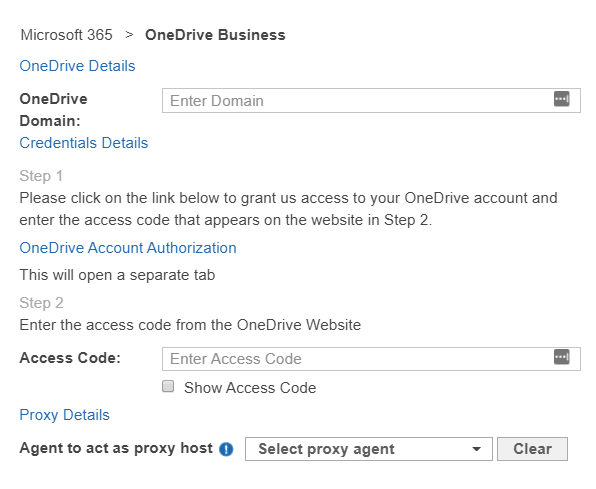 Dialog box to configure the path, credentials and proxy agent for a OneDrive Business Target.