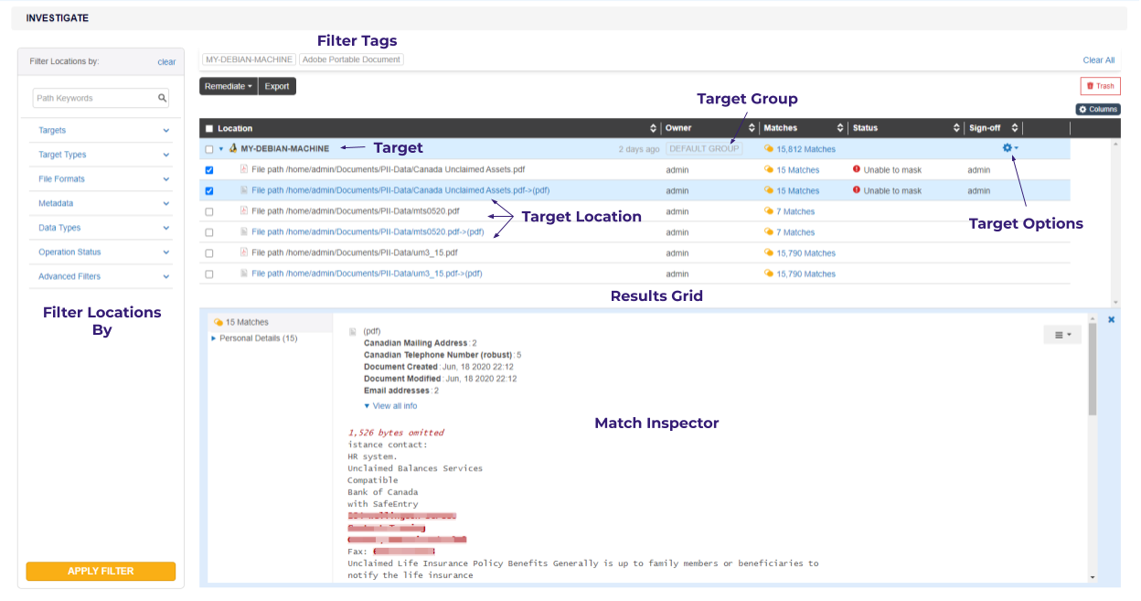 Components in the Investigate page.