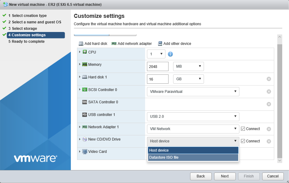 Configure the memory, hard disk, network adapter and CD/DVD drive of the virtual machine in the "Customize settings" page.