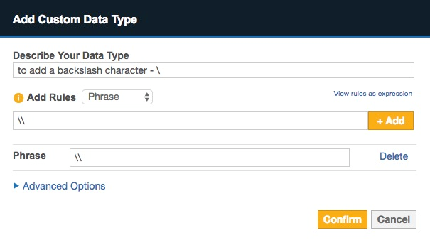 Example of a Phrase rule to search for a backslash character.