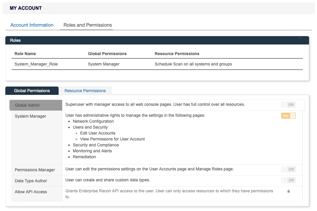 Example of Roles and Permissions page for a user who is assigned System_Manager_Role and System Manager Global Permissions.