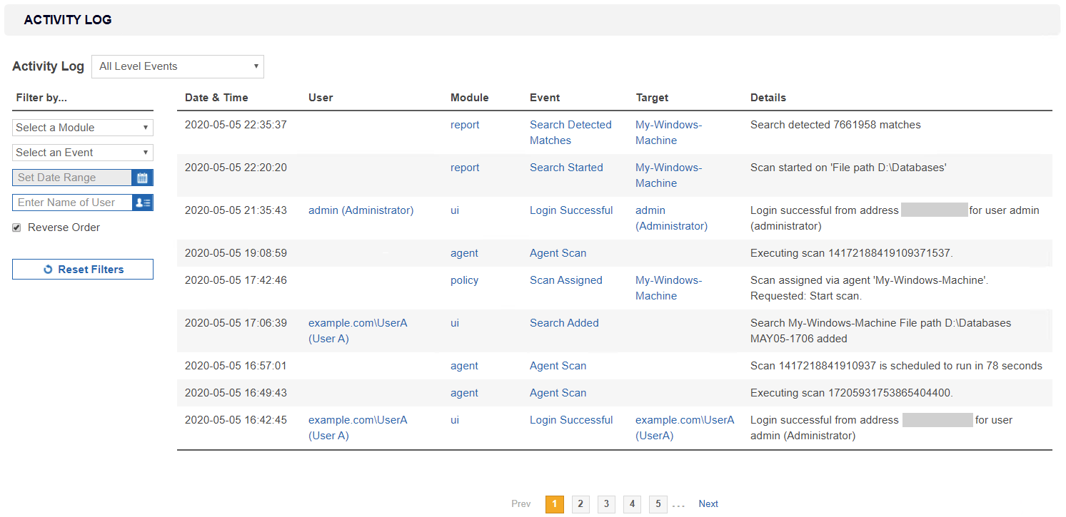 Details of events including date and time, user and module recorded in the Activity Log.