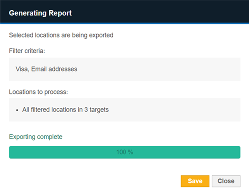 Generating Report dialog box displaying the Targets and match locations included in the Match Report.