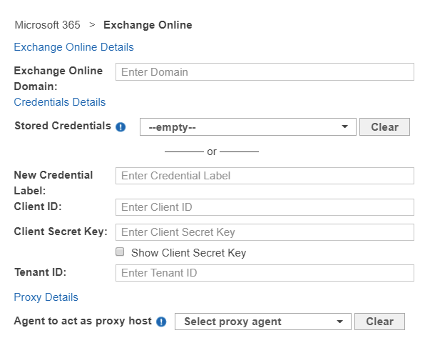 Dialog box to configure the path, credentials and proxy agent for an Exchange Online Targets