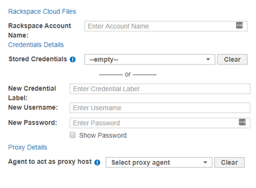 Dialog box to configure the path, credentials and proxy agent for a Rackspace Cloud Files Target.