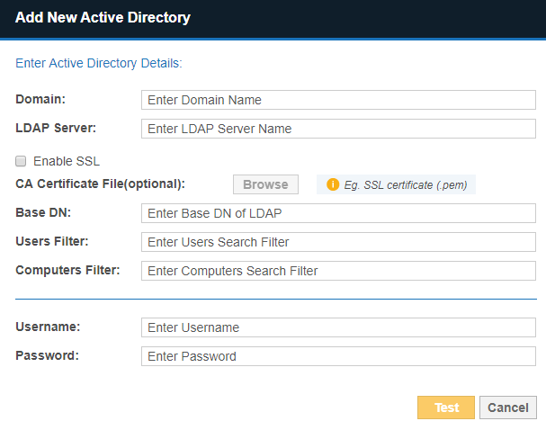 Dialog box to configure the domain, LDAP server and other settings to add a new Active Directory (AD) to import AD users.