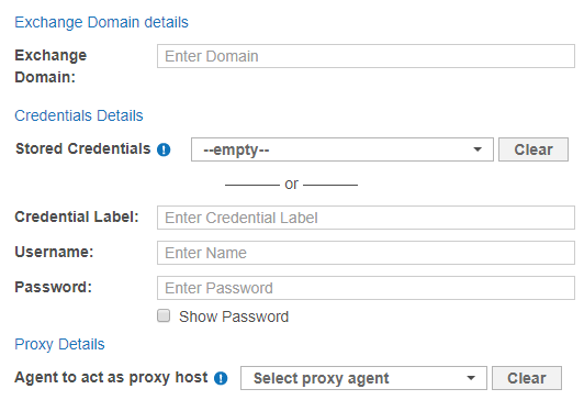 Dialog box to configure the path, credentials, and proxy agent for a Exchange Domain Target