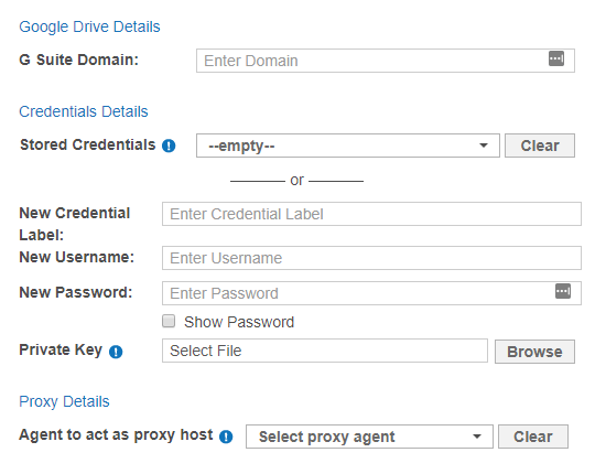 Dialog box to configure the path, credentials and proxy agent for a G Suite Target.