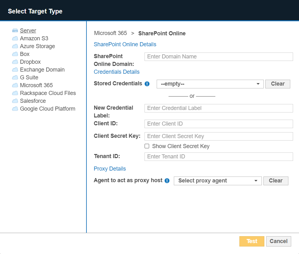 Dialog box to configure the path, credentials, and proxy agent for a SharePoint Online Target