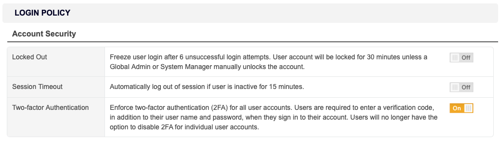 Two-factor Authentication toggle button set to "On" to enforce 2FA for all users.
