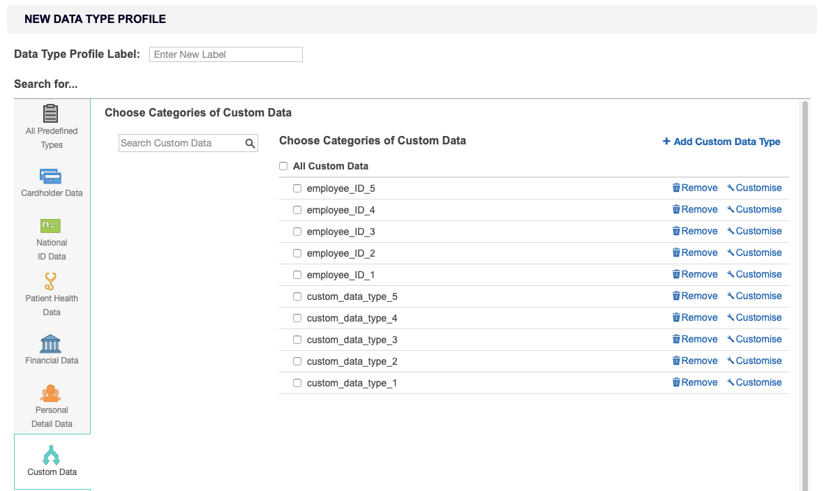 Select custom data types for the Login Credentials data type profile.