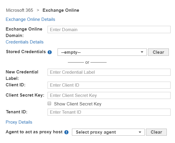 Dialog box to configure the path, credentials and proxy agent for an Exchange Online Targets.