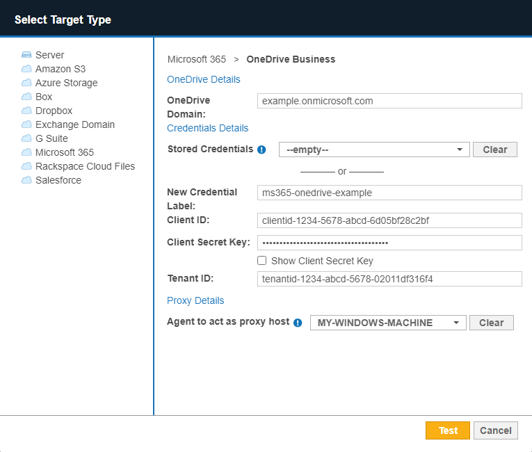 Dialog box to configure the path, credentials and proxy agent for OneDrive Business Targets.