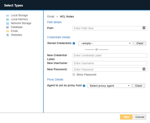 Dialog box to configure the path, credentials and proxy agent for an HCL Notes Target.