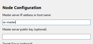 Node Configuration dialog box to configure the Master Server IP address or host name.