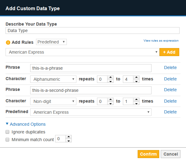 Add Custom Data Type visual editor dialog box.
