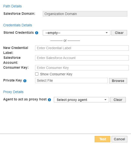 Dialog box to configure the path, credentials and proxy agent for a Salesforce Target.