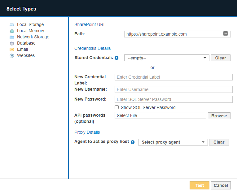 Dialog box to configure the path, credentials and proxy agent for a SharePoint Server Target.