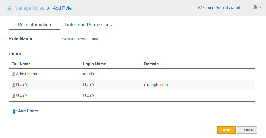 Example of adding a new role "SysMgr_Read_Only" with three users assigned to the role.