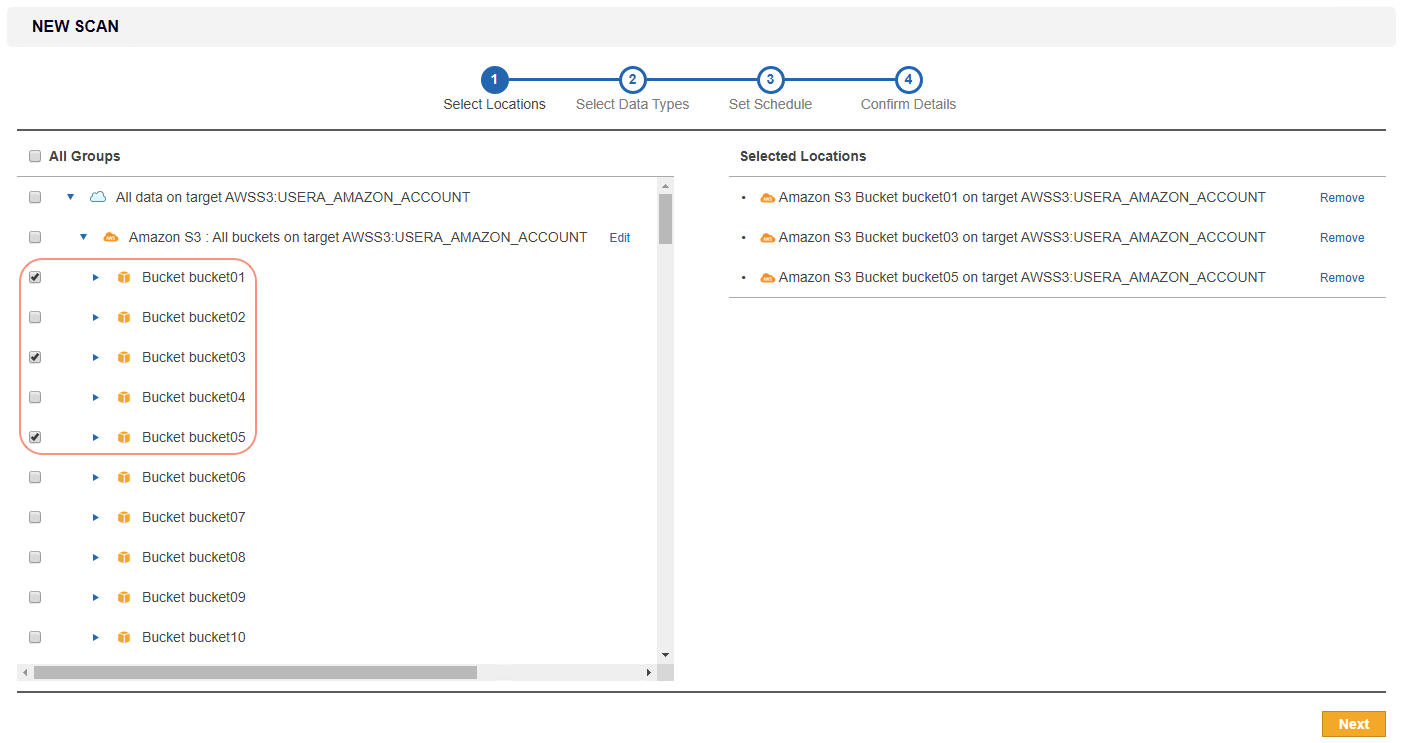 New Search page with "Amazon S3: All buckets on new target AWSS3:USERA_AMAZON_ACCOUNT" selected as scan locations.