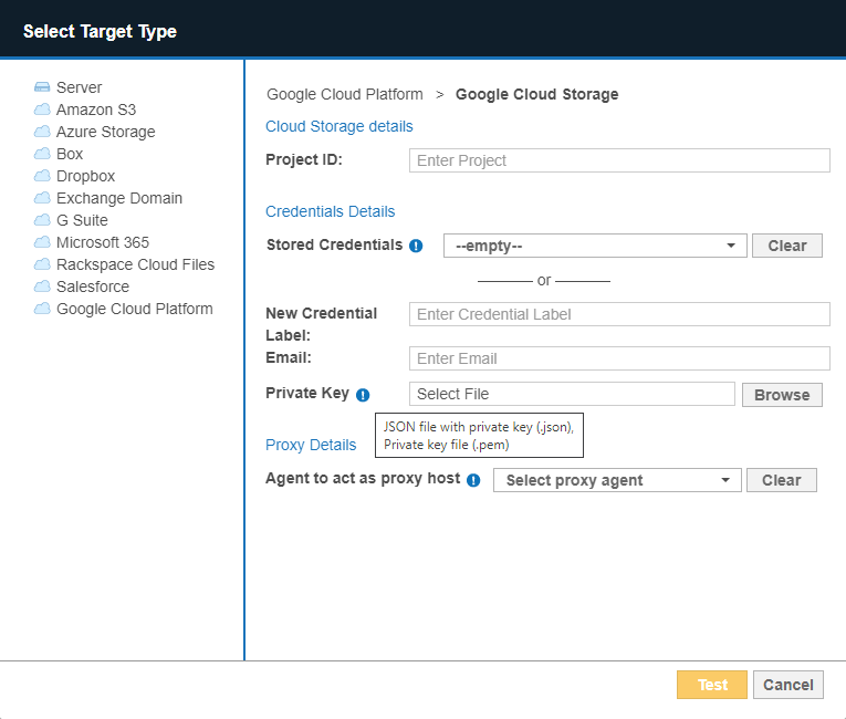 Dialog box to configure the path, credentials and proxy agent for a Google Cloud Storage Target.
