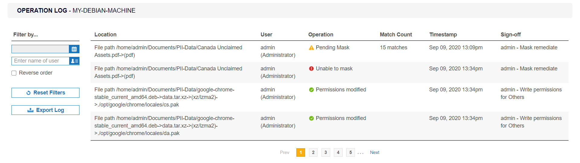 Operation Log displaying the details for remediation and access control actions taken on MY-DEBIAN-MACHINE.