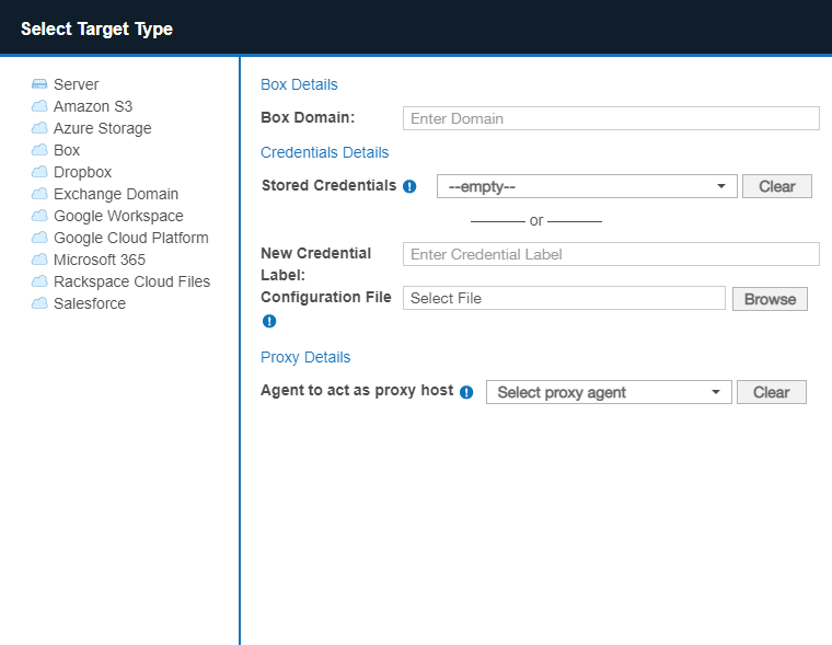 Example of Box dialog box to configure the path, credentials and proxy agent for a Box Target