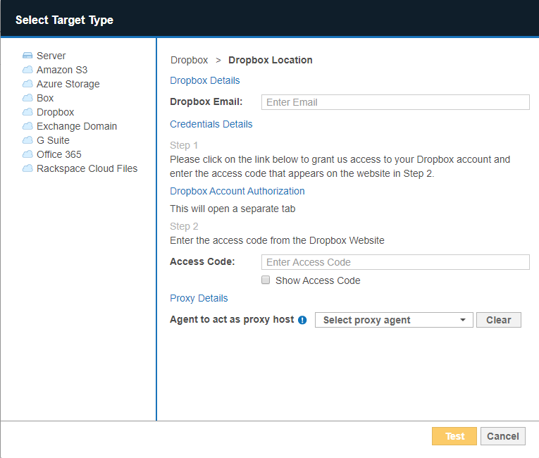 Example of Dropbox Details dialog box with access code filled and proxy agent "TREETRUNKS" selected.