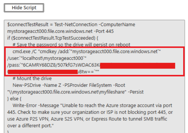 Example of Powershell script with the parameters required for Azure file share credentials.