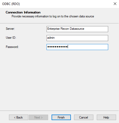 Enterprise Recon ODBC data source connection information in SAP Crystal Reports.