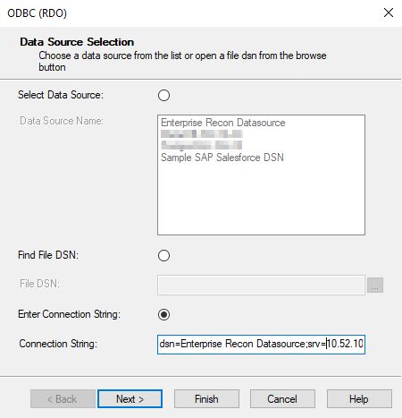 Enterprise Recon ODBC data source connection in SAP Crystal Reports.