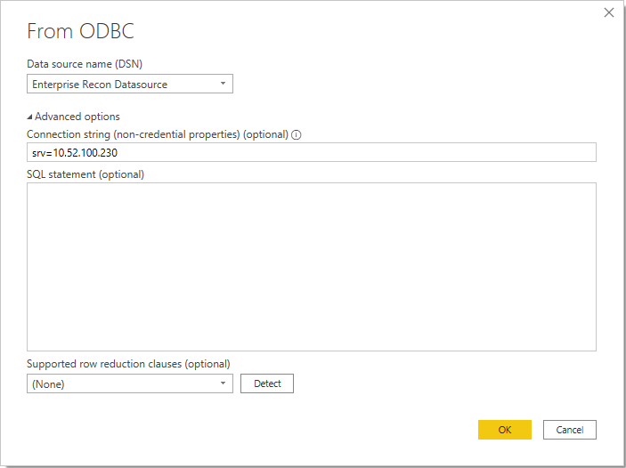 Enterprise Recon ODBC data source connection in Microsoft Power BI.