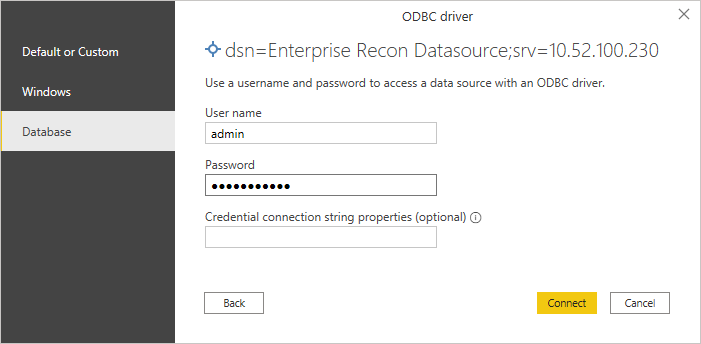 Enterprise Recon ODBC data source connection in Microsoft Power BI.
