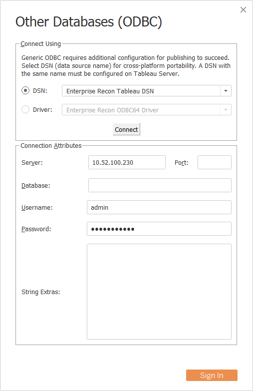 Enterprise Recon ODBC User DSN connection attributes in Tableau Desktop.