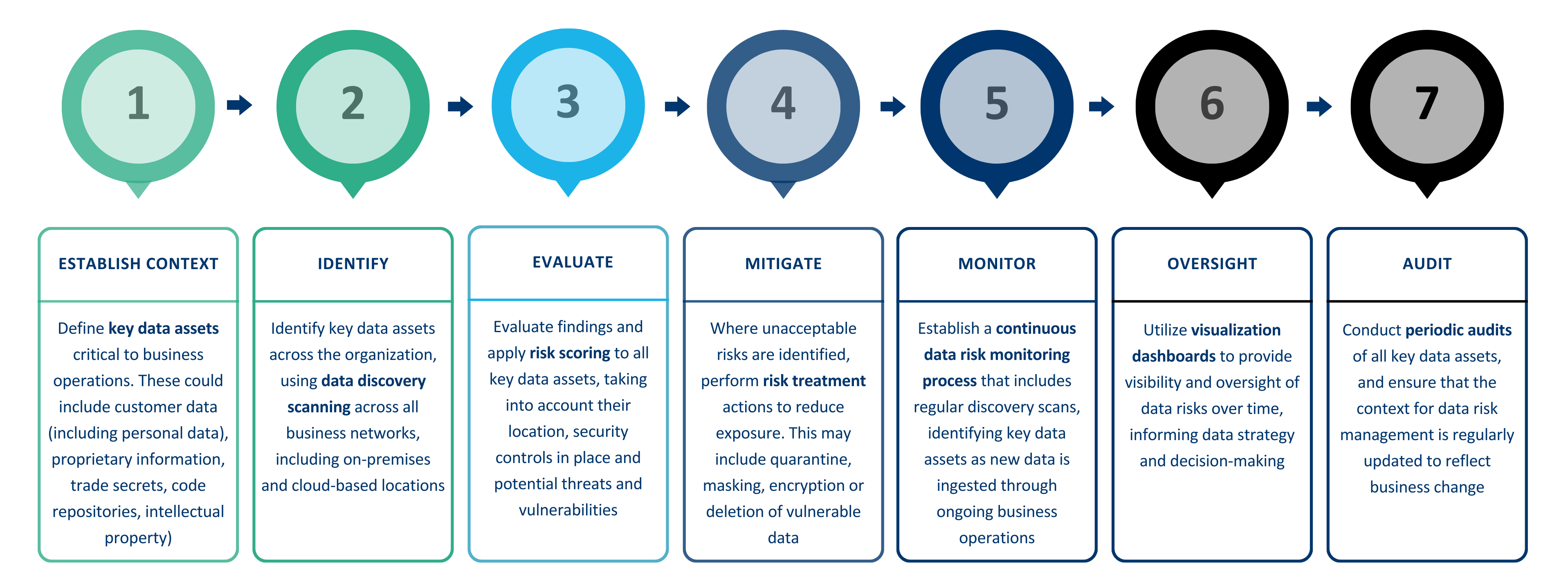 Seven steps to data risk management – Establish context; Identify key data assets; Evaluate risk; Mitigate unacceptable risks; Monitor for changes; Oversight with visualization dashboards; Audit regularly 