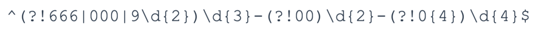 Regex pattern for SSNs, applying rules for valid SSNs. The search string reads: ^(?!666|000|9d{2})d{3}-(?!00)d{2}-(?!0{4})d{4}$