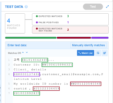 A screenshot of the GLASS Studio instant test feature. Expected matches, false positives and expected matches not found are indicated using different coloured boxes around test data elements