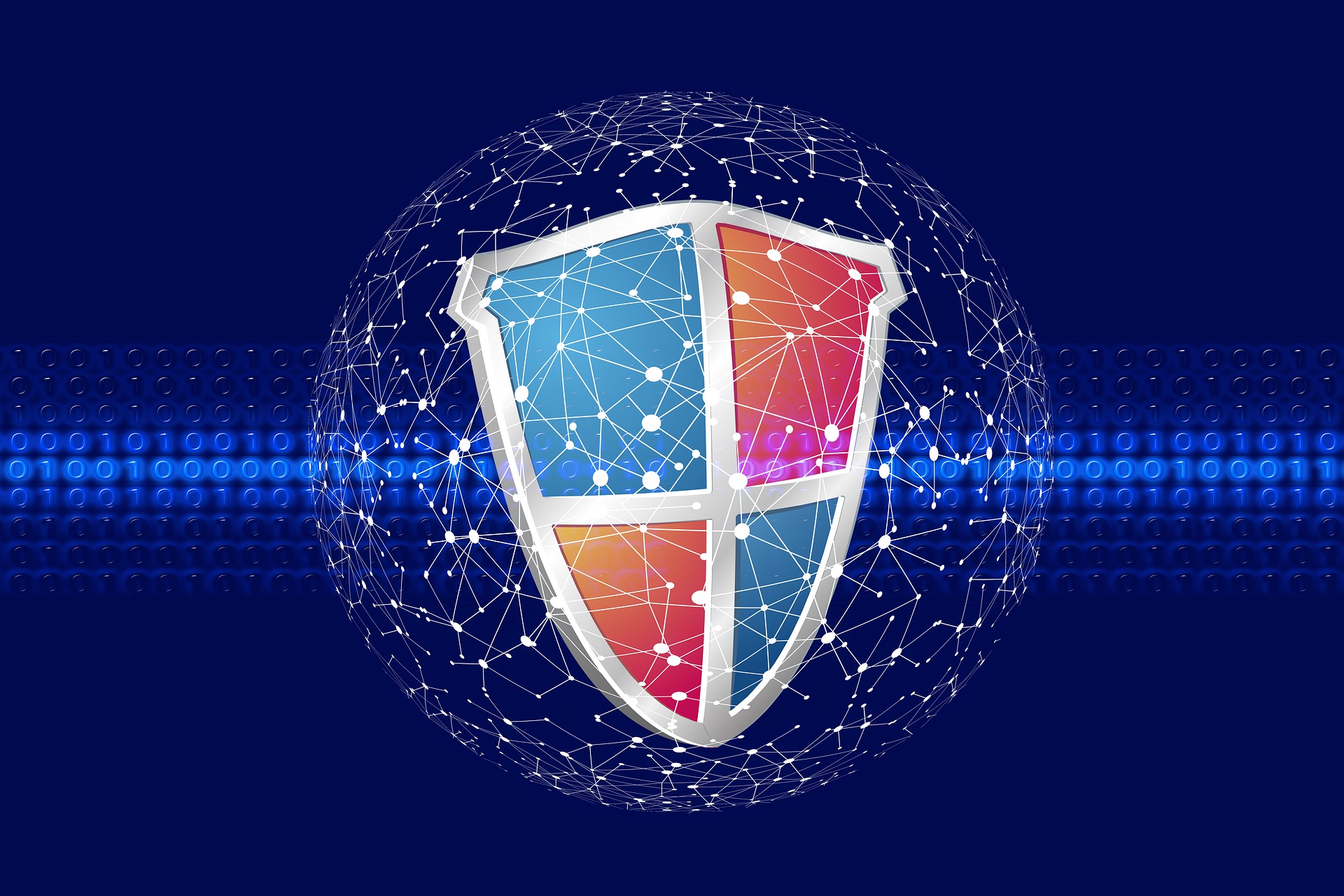 An orange and blue shield is surrounded by network nodes representing privacy news roundup September 2023