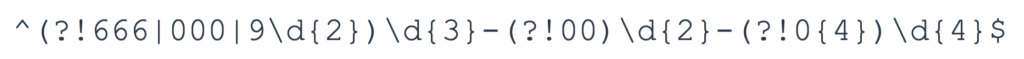 Regex pattern for SSNs, applying rules for valid SSNs. The search string reads: ^(?!666|000|9\d{2})\d{3}-(?!00)\d{2}-(?!0{4})\d{4}$