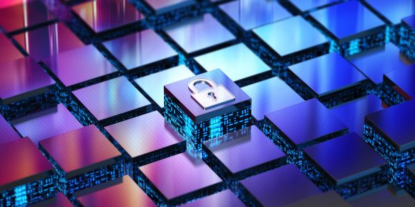 a padlock is displayed on a background of purple blocks representing cybersecurity starts with data discovery for a safer digital future