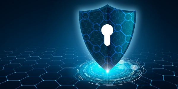 Blue shield with a lock representing understanding data management, data governance and DSPM