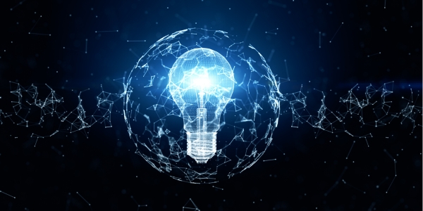 a lightbulb stands out against a dark blue background with network nodes formed in a globe representing the strategic role of data discovery in digital transformation