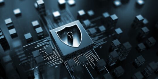A security shield on a network concept background representing data discovery for ISO27001 compliance